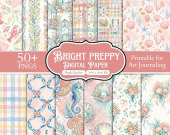 Paquete de más de 50 papeles digitales brillantes estilo preppy, patrones sin costuras de playa costera, fondos de estrellas de mar con conchas marinas y coquetas, papel para álbumes de recortes en formato PNG.