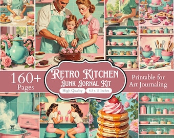160+ Kitchen Junk Journal-kit, pastellfärgade bakillustrationer, akvarellfärgade vintage-köksutskrifter, scrapbookingtillbehör, digital nedladdning