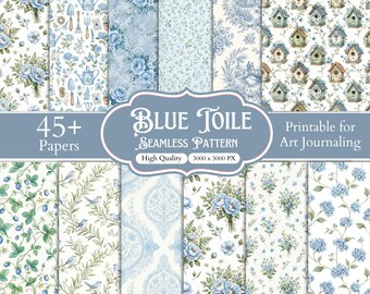 45+ digitala papperspaket med blått toile-mönster, akvarell preppy-bakgrunder, franska toile-mönster, eleganta scrapbook-papper, digital nedladdning