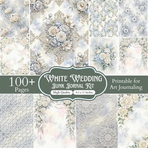 Könnte beinhalten: Ein digitales Junk-Journal-Set mit über 100 druckbaren Seiten im Format 21,6 x 27,9 cm. Die Sammlung enthält Blumenarrangements, Spitzenmuster und Damastmotive in Weiß-, Creme- und sanften Blautönen auf aquarellartigen Hintergründen.