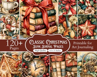 120+ klassiska skräpjournalsidor för jul, vinterhelgcollageblad, utskrivbara julcollagepapper, vintage-dagbokssidor