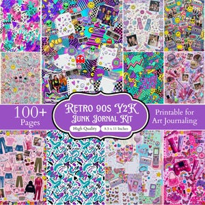 Puede incluir: Un kit de junk journal digital con más de 100 páginas imprimibles de 8.5 por 11 pulgadas. Los diseños muestran patrones estéticos vibrantes de los años 90 y 2000, incluyendo caras sonrientes, casetes, consolas de juegos retro y formas abstractas.