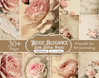 Über 30 elegante, beige Junk-Journal-Vorlagen zum Ausdrucken, Vintage-Rosen-Scrapbook-Papiere, romantisches Blumen-Digitalpapier, beige Journal-Hintergründe