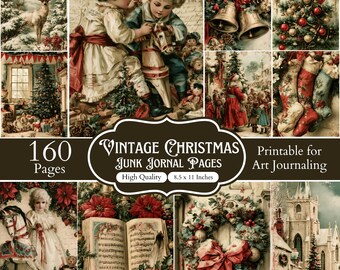 160 vintage juldagbokssidor, juldagbokspapper, nostalgiska vinterklippbokssidor, utskrivbart julpapperskit