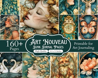 Más de 160 páginas de diario Art Nouveau, papeles botánicos vintage para imprimir, elegantes páginas florales para álbumes de recortes, kit de diario artístico decorativo