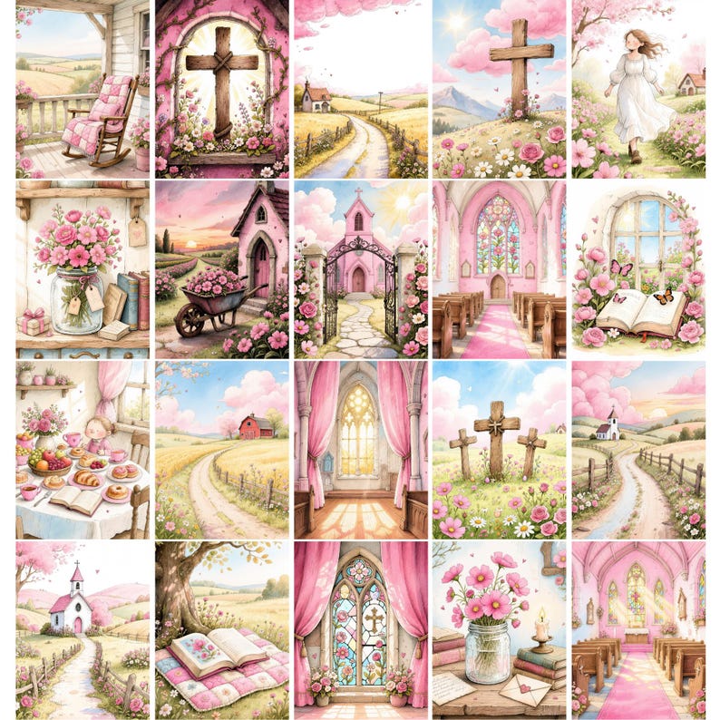 May include: A collection of twenty watercolor-style illustrations featuring pink-toned landscapes, church interiors, wooden crosses, floral arrangements, open books, and winding country paths, all rendered in a soft, pastel color palette.
