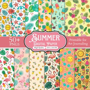 May include: A collection of digital paper patterns featuring summer themes including pink flamingos, yellow suns, pineapples, hibiscus flowers, palm leaves, ice cream cones, and watermelon slices. The text reads 50+ PNGS, SUMMER DIGITAL PAPER, and 2000 x 2000 PX.