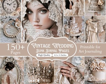 Más de 150 páginas vintage para diario de bodas, papeles blancos imprimibles para parejas románticas, páginas elegantes para diario de bodas, papeles para álbumes de recortes nupciales