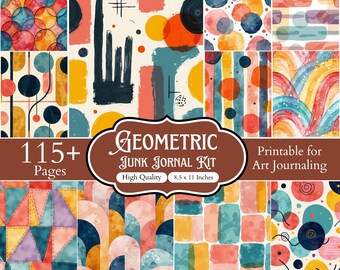 115+ geometriska skräpjournaler, abstrakta retromönsterpapper, färgglada mid-century moderna efemera, utskrivbara digitala scrapbook-paket