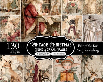 Más de 130 páginas de diario navideño vintage beige, papeles imprimibles navideños en acuarela, páginas de álbum de recortes navideño nostálgico, diario de invierno
