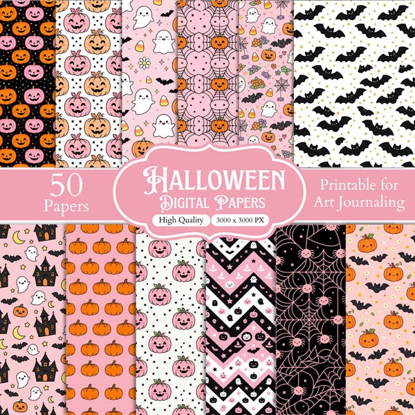 50 Halloween Digital Papers Bundle, Pumpkin & Ghost Printable Papers, Boo Halloween Backgrounds, Bat Scrapbook Paper, Spooky Pattern Pack