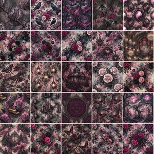 Pode incluir: Uma cole&ccedil;&atilde;o de vinte e cinco amostras de tecido com padr&otilde;es escuros e melanc&oacute;licos em tons de roxo profundo, preto e rosa seco. Os designs incluem corujas, corvos, cr&acirc;nios, rosas, borboletas, arquitetura ornamentada e lanternas.