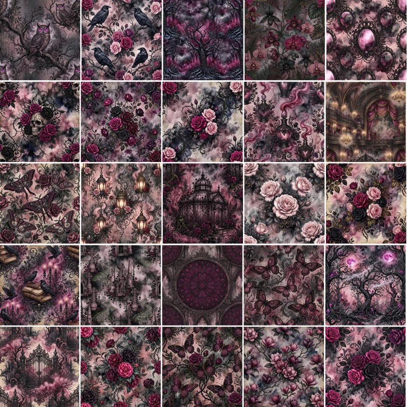 Pode incluir: Uma cole&ccedil;&atilde;o de vinte e cinco amostras de tecido com padr&otilde;es escuros e melanc&oacute;licos em tons de roxo profundo, preto e rosa seco. Os designs incluem corujas, corvos, cr&acirc;nios, rosas, borboletas, arquitetura ornamentada e lanternas.