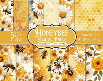 Digitalt papperspaket med honungsbi, 50+ sömlösa bimönster, akvarell honungskakabakgrunder, scrapbookingpapper med prästkragar och blommor, humla