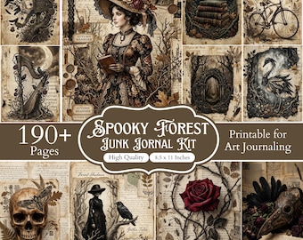 190+ skräpjournalkit med kusliga skogar, digitala papper med mörk skog, gotiska skogstryck, Halloween-klippbokssidor, digital nedladdning