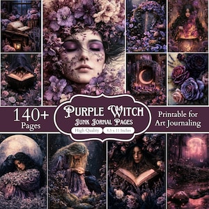 May include: A collection of 140+ printable junk journal pages titled Purple Witch, featuring high-quality 8.5 x 11 inches art journaling sheets. The designs display purple floral motifs, figures with books, ravens, moons, and cauldrons in dark tones.