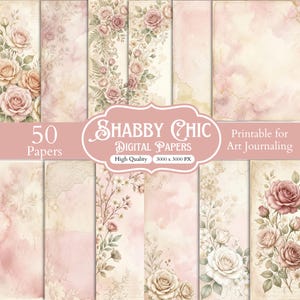 Può includere: Una collezione di 50 carte digitali con motivi floreali di rose rosa e crema, texture acquerello e motivi in pizzo. L'immagine include il testo: 50 Papers, SHABBY CHIC DIGITAL PAPERS, High Quality, 3000 x 3000 PX, Printable for Art Journaling.