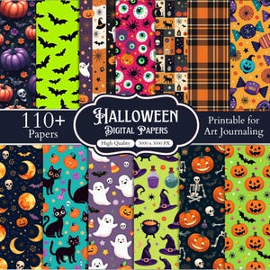 Puede incluir: Una colección de 110+ papeles digitales para art journaling con patrones de Halloween que incluyen calabazas, murciélagos, fantasmas, gatos negros, calaveras, esqueletos, sombreros de bruja, pociones, dulces y cuadros en naranja, morado y verde.
