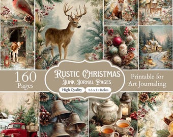 160 Rustic Christmas Junk Journal Papers, Watercolor Winter Scenes, Woodland Animal Scrapbook Papers, Cozy Christmas Journal Kit