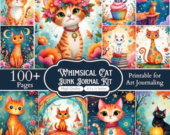 100+ nyckfulla digitala bilder av katter för skräpjournalsidor, söta katt-ephemera-kit, vintage-klippbokspapper för katter, utskrivbart journalkit
