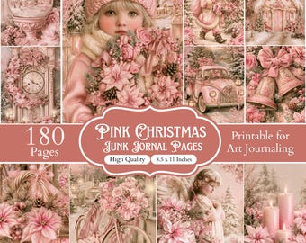 180 Pink Christmas Junk Journal Pages, Pink Santa Printable Papers, Vintage Christmas Bell Journal Pages, Cute Holiday Scrapbook Kit