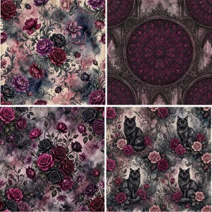 Pode incluir: Uma colagem de quatro pain&eacute;is com padr&otilde;es florais escuros de rosas em tons de vermelho profundo, roxo e preto. Um painel exibe um motivo arquitet&ocirc;nico g&oacute;tico circular, enquanto outro inclui ilustra&ccedil;&otilde;es repetidas de um gato preto.