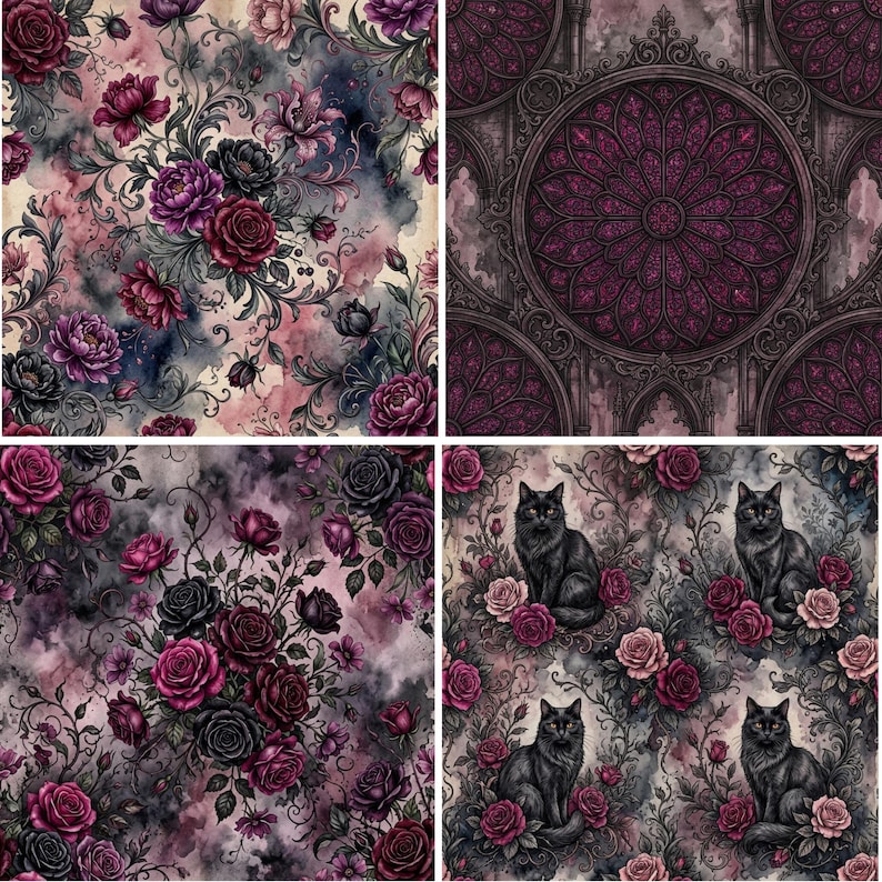 Pode incluir: Uma colagem de quatro pain&eacute;is com padr&otilde;es florais escuros de rosas em tons de vermelho profundo, roxo e preto. Um painel exibe um motivo arquitet&ocirc;nico g&oacute;tico circular, enquanto outro inclui ilustra&ccedil;&otilde;es repetidas de um gato preto.