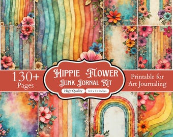 Kit imprimible para diario artístico hippie con flores, páginas para diario artístico bohemio, efímeros florales coloridos, páginas digitales imprimibles para diario artístico arcoíris.