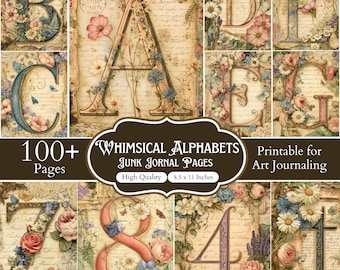 100+ Whimsical Alphabet Junk Journal Pages, Vintage Alphabet Printable Papers, Floral Monogram Scrapbook Kit, Botanical Ephemera Pages