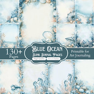 Puede incluir: Una colección de páginas imprimibles para diario creativo titulada Blue Ocean, con ilustraciones en acuarela de conchas, caballitos de mar, corales y sombrillas de playa en tonos azul y crema, de 8.5 por 11 pulgadas.