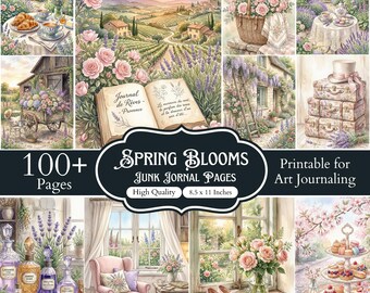 Junk-Journal-Seiten mit Frühlingsblüten, Garten-Druckvorlagen, Cottagecore-Blumen-Scrapbook-Set, Vintage-Botanische Ephemera, über 100 Seiten (8,5 x 11 Zoll)