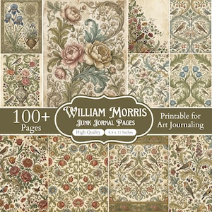 Peut inclure: Une collection de pages de journal créatif William Morris avec des motifs floraux, botaniques et d'oiseaux complexes dans des tons terreux. Le texte indique 100+ Pages, William Morris Junk Jornal Pages, High Quality, 8.5 x 11 Inches, Printable for Art Journaling.
