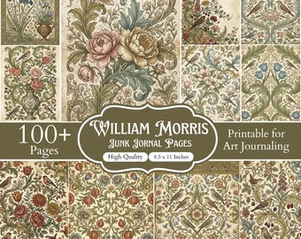 Más de 100 páginas para diario creativo inspiradas en William Morris, papeles botánicos imprimibles, kit de scrapbooking estilo cottagecore vintage, artículos de arte y manualidades.