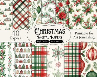 40 Watercolor Christmas Digital Paper Bundle, Christmas Scrapbook Pages, Merry Christmas Seamless Sublimation, Printable Holiday Papers