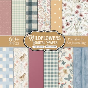 Wildflower Digital Paper Bundle, 60+ Seamless Floral Patterns, Watercolor Flower Backgrounds, Cottagecore Scrapbook Paper, Junk Journal Png