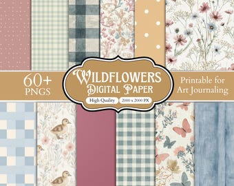 Digitalt papperspaket med vildblommor, 60+ sömlösa blommönster, akvarellblombakgrunder, scrapbookingpapper i Cottagecore, skräpjournal-png