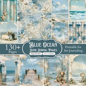 Pode incluir: Uma coleção de páginas imprimíveis para junk journal com temas de oceano azul e costa, incluindo imagens de estrelas-do-mar, conchas, cais de madeira e ondas. O texto diz Blue Ocean Junk Journal Pages, 130+ Pages e 21,6 x 27,9 cm.