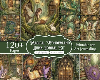 120+ magiska skogsbibliotekssidor, förtrollad skogsbokpapper, fantasy scrapbook-sida, utskrivbart skräpjournalkit, digital nedladdning
