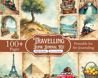 100+ vintage resejournalkit, vintage världskarta scrapbookpapper, utskrivbara reseephemera, äventyrsdagboksida, digital nedladdning