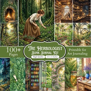May include: A digital junk journal kit featuring 100+ pages of printable art, measuring 8.5 by 11 inches. The collection displays illustrations of a forest, a fireplace, a greenhouse, shelves of apothecary bottles, and botanical patterns.