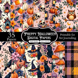 May include: A collection of 35 digital papers featuring Halloween-themed patterns with pumpkins, skulls, owls, black cats, witch hats, mushrooms, and plaid designs on a light pink background, labeled Preppy Halloween Digital Papers.