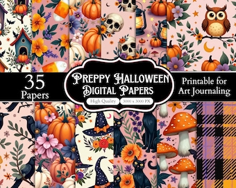 Preppy Halloween Garden Digital Papers, Cute Ghost Pumpkin Seamless Patterns, Floral Halloween Scrapbook Paper Pack, 35+ 3000x3000 PX