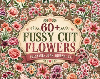 60+ Flower Fussy Cuts Bundle, Pink Flower Fussy Cut, Printable Floral Ephemera, Junk Journal Supplies, Vintage Flower Embellishments