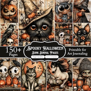 Puede incluir: Una colección digital de más de 150 páginas de junk journal de Halloween con ilustraciones de gatos negros, calabazas, calaveras, cuervos, lobos y caballos. El texto dice Spooky Halloween Junk Journal Pages, 150+ Pages, 21,59 x 27,94 cm.