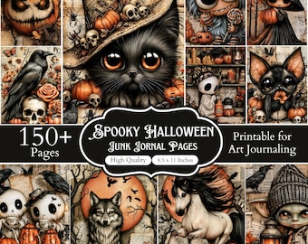 150+ Spooky Halloween Junk Journal Pages , Black Cat Witch Pumpkins Pages,Skulls Ravens Bats Wolf Ephemera, A4 (8.5x11) Pages