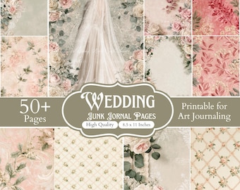 Über 50 Seiten für Hochzeits-Junk-Journals in Blush Sage, digitales Shabby-Chic-Papier, romantische Hochzeits-Druckvorlagen, florale Braut-Scrapbook-Seiten
