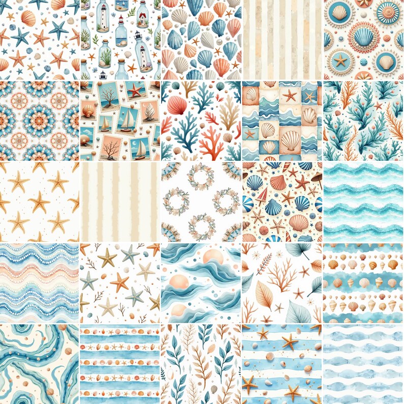 May include: A digital collage of twenty-five square patterns featuring nautical and coastal themes. The designs include watercolor illustrations of seashells, starfish, coral reefs, lighthouses in bottles, sailboats, ocean waves, and striped textures.