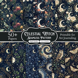May include: A collection of 50+ digital papers featuring seamless celestial and witchy patterns on a dark blue background. Designs include crescent moons, stars, flowers, moths, owls, and botanical elements with the text Celestial Witch Seamless Pattern.