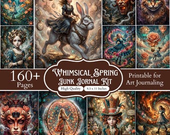 160+ surrealistiska Alice i Underlandet skräpjournalsidor, nyckfullt fantasy-ephemera-kit, Mad Tea Party-klippbokspapper, utskrivbart journalkit