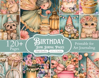Über 120 Seiten für Geburtstags-Junk-Journals, Frühlings-Scrapbooking-Materialien, florale Geburtstagspapiere zum Ausdrucken, Seiten für Geburtstags-Journals, Frühlings-Journal-Set